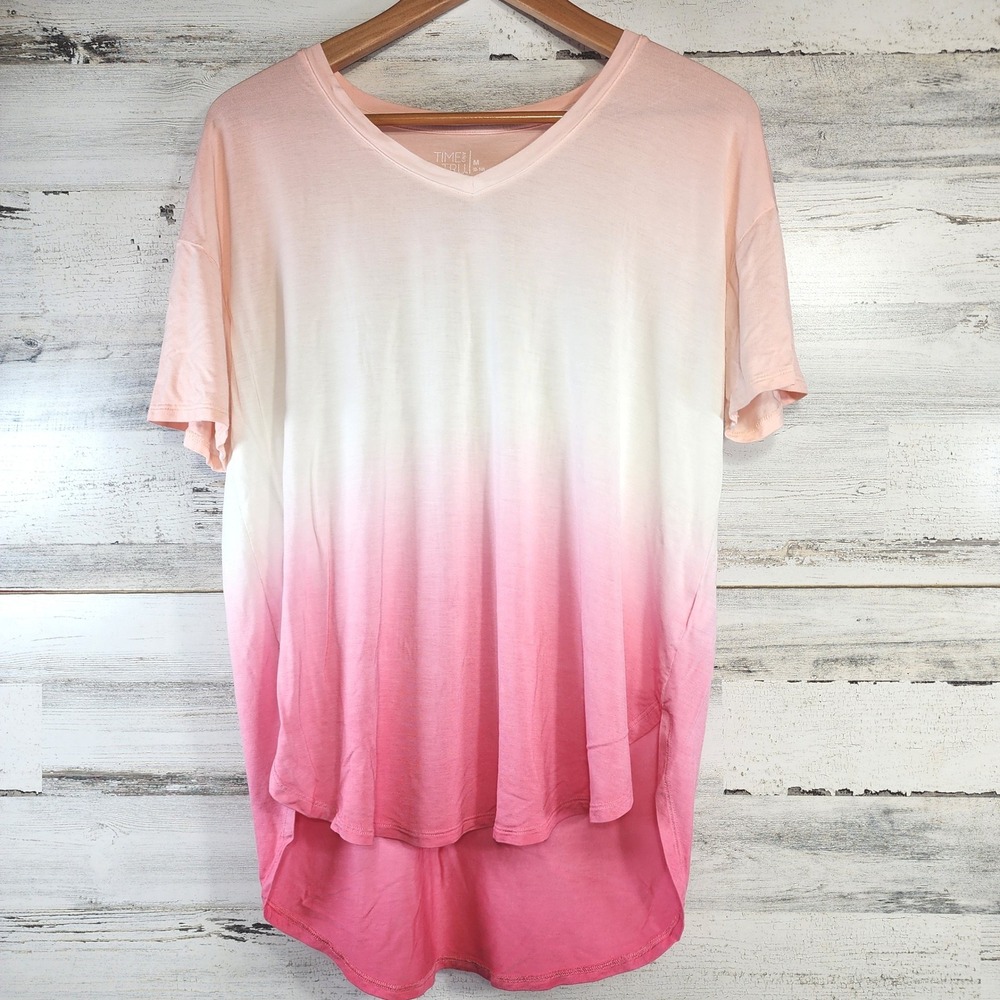 Time and Tru T-Shirt Womens Medium Pink Ombre V-Neck High Low Hem‎ Casual Top